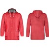 Rote Regenjacke aus PVC mit Druckknöpfen und Kapuze