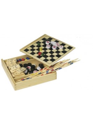 Spiele-Kiste mit Domino, Mikado, Schach, Dame und Ludo.