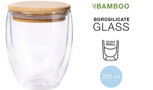 Doppelwandiges Glas mit Bambusdeckel