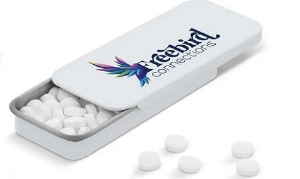 Bedruckte Dose mit Bonbons zuckerfrei