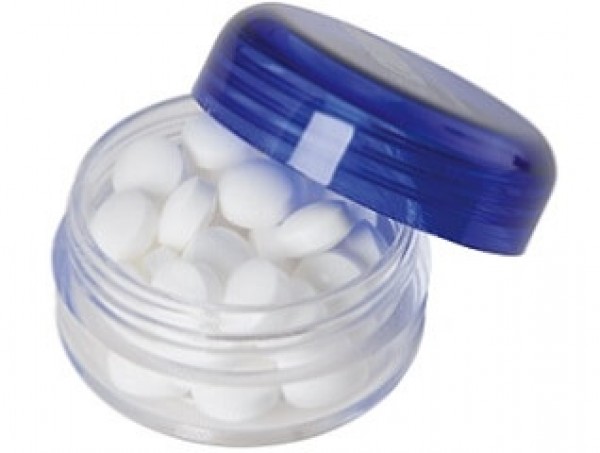 Kunststoffdose gefüllt mit Minties als Werbemittel